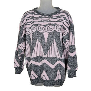 VTG 80s Adele Knitwear Sweater Made in USA Chunky Geometric Womens M Retro Pink
